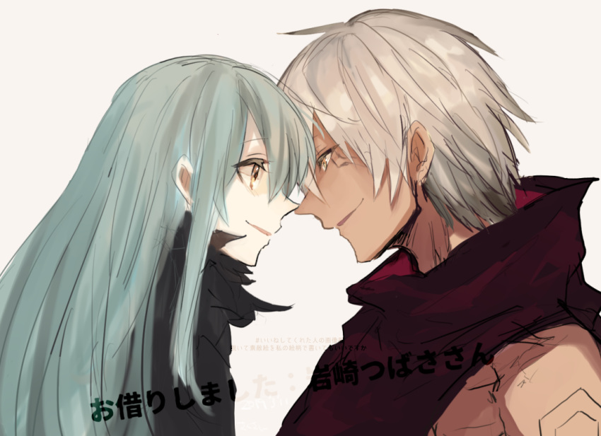 1boy 1other androgynous blue_hair fur_collar fur_scarf hair_between_eyes long_hair looking_at_another open_mouth rimuru_tempest sakusan_yousoeki scarf simple_background smile tensei_shitara_slime_datta_ken veldora_(tensei_shitara_slime_datta_ken) white_background white_hair yellow_eyes