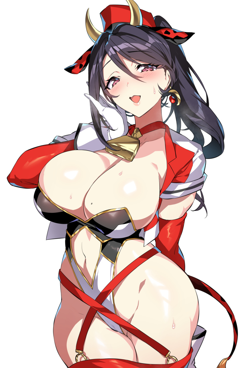 animal_ears bell black_hair breasts clothing_cutout commentary_request cow_ears cow_horns cropped_jacket earrings fake_animal_ears fake_horns female gloves hand_up hat highleg highleg_leotard highres horns jacket jewelry large_breasts leotard lips looking_at_viewer mahou_shoujo_madoka_magica mahou_shoujo_suzune_magica mikoto_tsubaki mole mole_on_breast navel navel_cutout neck_bell open_clothes open_jacket open_mouth ponytail purple_eyes senri_gan shiny_skin short_sleeves simple_background smile solo stomach sweat sweatdrop thighs white_gloves