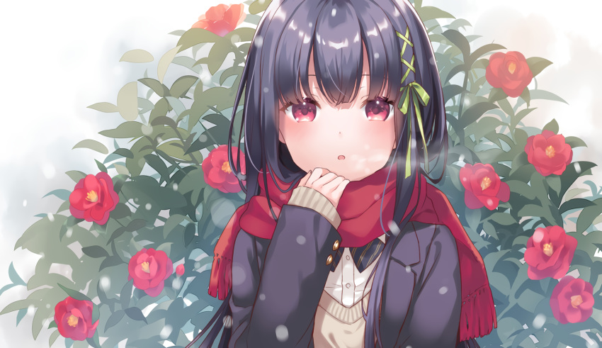 black_hair blush flowers kurasawa_moko long_hair original red_eyes scarf school_uniform waifu2x