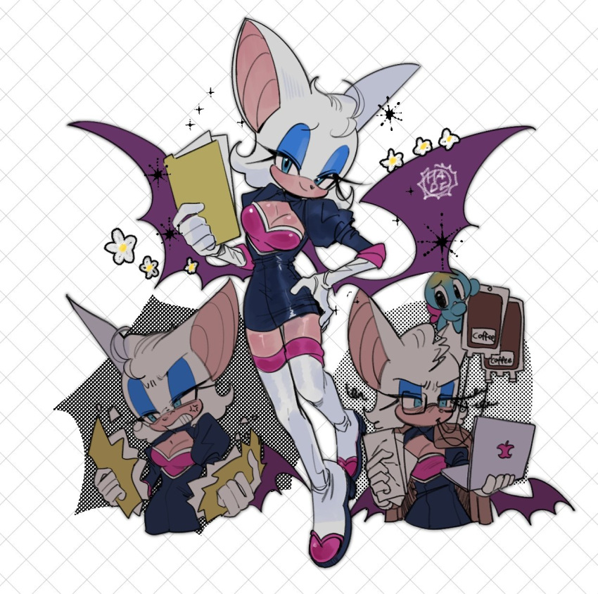 3mia_hadi3 adapted_costume alternate_costume anger_vein angry animal_ears animal_nose annoyed aqua_eyes artist_name bags_under_eyes bat_ears bat_girl bat_wings black_dress black_eyes blue_eyeshadow blush body_fur boots bra breasts brown_jacket chao_(sonic) cleavage_cutout clenched_teeth closed_mouth clothing_cutout coffee commentary computer dress drinking elbow_gloves english_commentary english_text eyeshadow female flower folder full_body furry furry_female gloves half-closed_eyes hand_on_own_hip hands_up happy head_tilt highres holding holding_laptop holding_paper intravenous_drip jacket jacket_on_shoulders juliet_sleeves laptop light_blush logo_parody long_sleeves looking_at_another looking_at_viewer looking_down makeup medium_breasts multiple_views office_lady open_clothes open_dress paper pink_bra puffy_sleeves purple_wings rouge_the_bat short_dress short_hair sideways_mouth signature simple_background smile sonic_(series) sparkle squiggle standing teeth thigh_boots thighhighs thighs underwear upper_body v-shaped_eyebrows white_background white_flower white_footwear white_fur white_gloves white_hair wings zettai_ryouiki