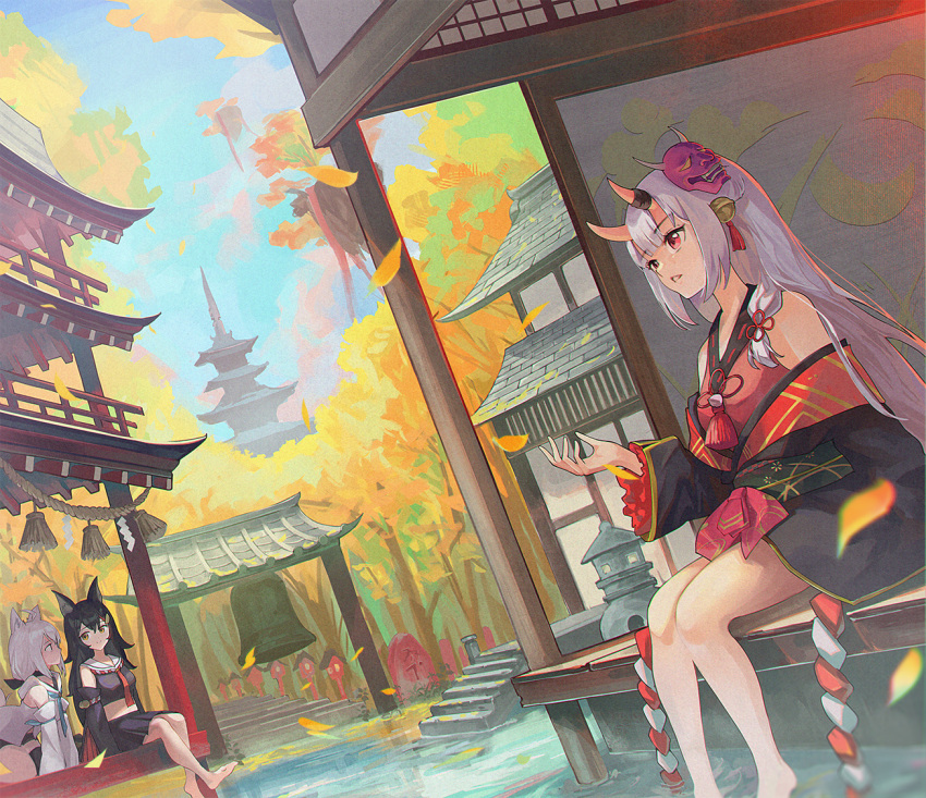 3girls architecture ayafubumi_(hololive) bare_legs bare_shoulders bell black_kimono double_bun east_asian_architecture flood frilled_sleeves frills gold_trim grey_hair hair_bell hair_bun hair_ornament hololive horns japanese_clothes jingle_bell kimono kouhaku_nawa long_hair long_sleeves mask mask_on_head multiple_girls nakashima_(pluscolor) nakiri_ayame nakiri_ayame_(1st_costume) obi oerba_yun_fang off_shoulder oni oni_mask ookami_mio red_eyes rope sash shimenawa shirakami_fubuki short_kimono sidelocks skin-covered_horns soaking_feet solo_focus tassel temple torii two_side_up virtual_youtuber