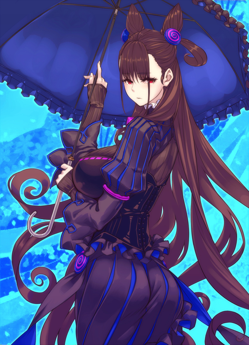 ass back bad_id bad_pixiv_id blunt_bangs blush breasts brown_hair closed_mouth collar cone_hair_bun corset curly_hair curvy dress elbow_gloves fate/grand_order fate_(series) female frilled_collar frilled_dress frills gem gloves hair_bun hair_ornament hayama_kazusa high_collar highres large_breasts long_hair long_sleeves murasaki_shikibu_(fate) parasol red_eyes solo tight_clothes tight_dress umbrella very_long_hair