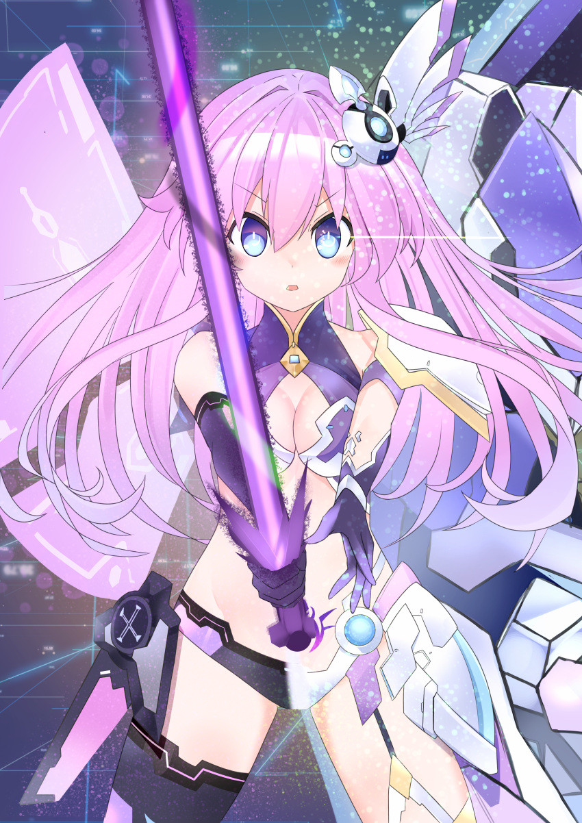 absurdres armor bikini_armor blue_eyes blush boots breasts cleavage commentary_request elbow_gloves energy_sword female fusion gloves hair_between_eyes hair_ornament highres holding holding_sword holding_weapon light_particles long_hair looking_at_viewer mechanical_wings medium_breasts naoya_(naoya_ee) nepnep_connect:_chaos_chanpuru neptune_(series) open_mouth outstretched_arms pink_hair power_symbol-shaped_pupils pubic_tattoo purple_sister purple_sister_(chaos_form) purple_sister_v sidelocks solo sword symbol-shaped_pupils tattoo thigh_boots thighhighs weapon wings