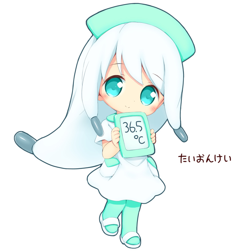 aikei_ake blue_eyes blush chibi closed_mouth commentary digital_thermometer dress female full_body green_hat green_pantyhose grey_hair hat highres holding long_hair looking_at_viewer nurse_cap original pantyhose personification sandals short_sleeves simple_background smile solo temperature thermometer translated very_long_hair white_background white_dress white_footwear