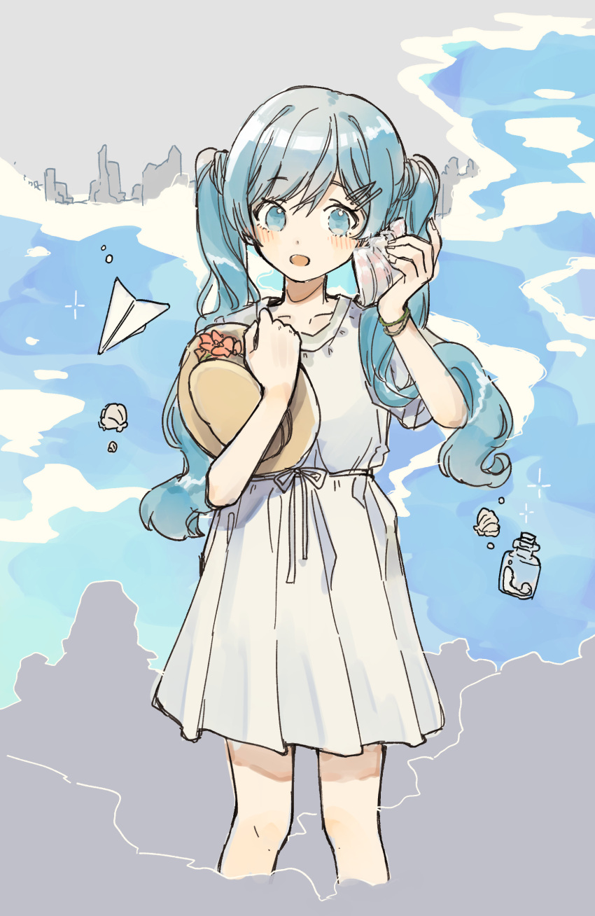 absurdres blue_eyes blue_hair blush bottle brown_hat collarbone commentary cropped_legs dress english_commentary feet_out_of_frame female flower grey_background hands_up hat hat_flower hatsune_miku highres holding holding_clothes holding_hat holding_shell long_hair looking_at_viewer ocean open_mouth paper_airplane perfume_bottle pink_flower pleated_dress seashell shell shell_to_ear short_sleeves skyline solo twintails unworn_hat unworn_headwear vocaloid wandu_mook white_dress