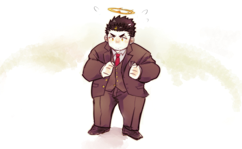 1boy bad_id bad_pixiv_id bara chibi facial_hair fire flaming_halo flying_sweatdrops formal full_body halo male_focus mature_male necktie official_alternate_costume pants po_fu red_necktie short_hair sideburns stubble suit tokyo_afterschool_summoners vest zabaniyya_(fashionista_suit)_(housamo) zabaniyya_(housamo)