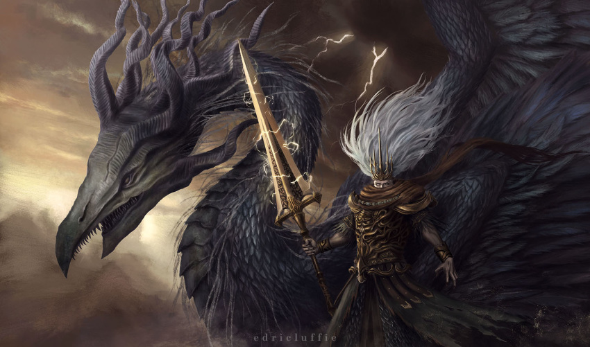 1boy armor artist_name blank_eyes breastplate brown_scarf cloud cloudy_sky commentary cowboy_shot crown dark_souls_(series) dark_souls_iii dragon dragon_horns electricity electrokinesis feathers floating_hair holding holding_polearm holding_weapon horns king_of_the_storm long_hair looking_at_viewer luffie male_focus multiple_horns nameless_king open_hand outdoors polearm robe scale_armor scales scarf short_sleeves sky solo spear standing teeth weapon western_dragon white_hair wings wyvern