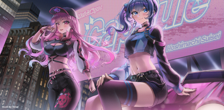 2girls baseball_cap belt billboard black_choker black_nails black_pants black_shorts blue_eyes blue_hair breasts building capsule_(hololive) car character_name choker cleavage closed_mouth crop_top earrings floating_hair hat highres hololive hololive_english hoshimachi_suisei jewelry large_breasts long_hair midriff mori_calliope motor_vehicle multiple_girls navel neon_palette night night_sky on_vehicle outdoors pants parted_lips pink_eyes pink_hair short_shorts shorts shrug_(clothing) side_ponytail sidelocks single_thighhigh sitting skull_print sky small_breasts smile song_name standing star_(symbol) star_choker stomach thighhighs virtual_youtuber volar_uwu wavy_hair wristband