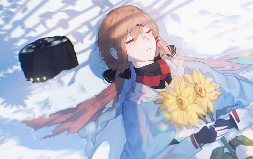 ankodesoy black_headwear brown_hair closed_eyes commentary_request female fingerless_gloves flower gloves hair_between_eyes hair_ornament kantai_collection outdoors sleeping snow solo star_(symbol) sunflower tashkent_(kancolle) twintails