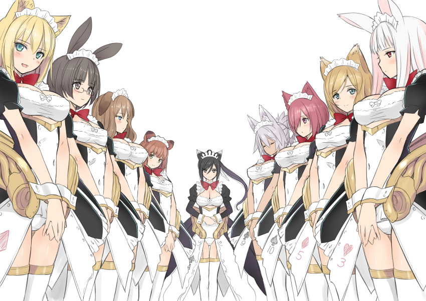 6+girls absurdres animal_ears black_hair blonde_hair blue_eyes blush bow breasts brown_eyes brown_hair cat_ears cleavage cleavage_cutout closed_mouth clothing_cutout commentary_request cutout_above_navel dog_ears fox_ears glasses guilty_princess hair_over_one_eye highres large_breasts leotard long_hair long_sleeves looking_at_viewer maid maid_headdress maidroid_chloe maidroid_kuon medium_breasts multiple_girls open_mouth own_hands_together pink_hair ponytail puffy_short_sleeves puffy_sleeves purple_hair rabbit_ears red_bow red_eyes red_hair shiny_clothes shiny_skin short_hair short_sleeves showgirl_skirt simple_background smile thighhighs tied_hair tony_taka white_background white_thighhighs wrist_cuffs