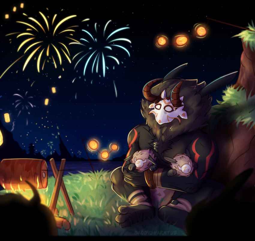 black_body bottomwear campfire chest_tuft clothed clothing cooking detailed_background fire fireworks food genshin_impact group hi_res hilichurl hug lamp lantern loincloth male mane meat mihoyo mitachurl night outside sitting sky_lantern tuft