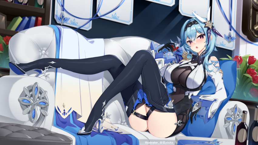 ass black_gloves black_hairband black_thighhighs blue_hair blush bookshelf boots breasts chinese_commentary cleavage commentary_request couch eula_(genshin_impact) female genshin_impact glass_bottle gloves hairband high_heel_boots high_heels highres large_breasts looking_at_viewer open_mouth pillow reclining see-through solo thigh_boots thighhighs thighs wide_sleeves yellow_eyes yuxian_youka