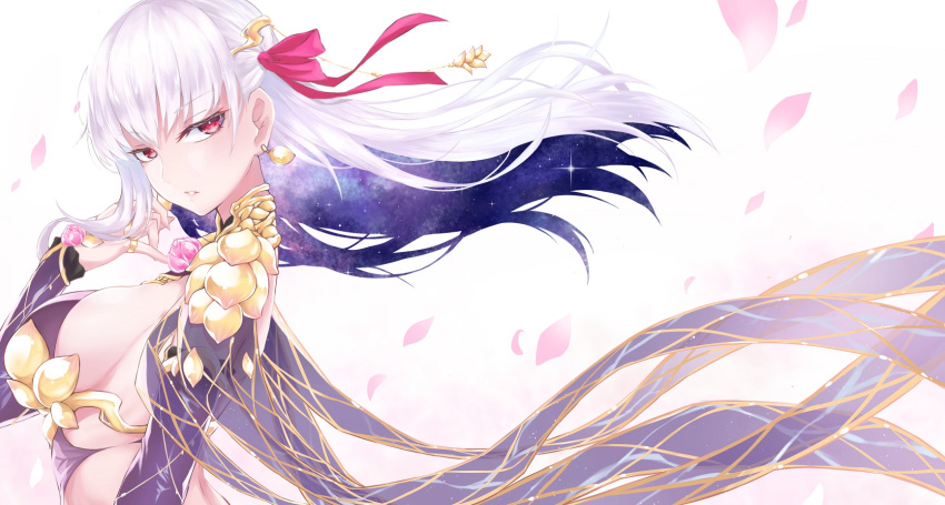 a9_(repainter) breasts detached_sleeves earrings fate/grand_order fate_(series) female hair_ribbon highres jewelry kama_(fate) kama_(second_ascension)_(fate) large_breasts long_hair petals red_eyes ribbon solo white_hair