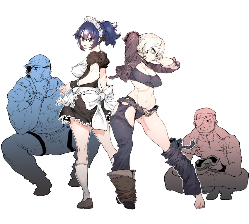 2boys 2girls alternate_costume angel_(kof) arms_behind_head barefoot belt blonde_hair blue_eyes blue_hair blush bra breasts brown_jacket cleavage closed_mouth contrapposto crop_top cropped_jacket detached_pants dress frilled_dress frills grey_bra grey_eyes grey_panties hands_up highres jacket kneehighs korean_commentary large_breasts leather leather_jacket leona_heidern looking_at_viewer maid midriff multiple_boys multiple_girls navel open_clothes open_jacket panties parted_lips ponytail pose ralf_jones ramon_(kof) shoes short_hair simple_background single_shoe smile snk_heroines:_tag_team_frenzy socks soldier squatting ssambatea sweatdrop the_king_of_fighters toenails underwear white_background white_legwear