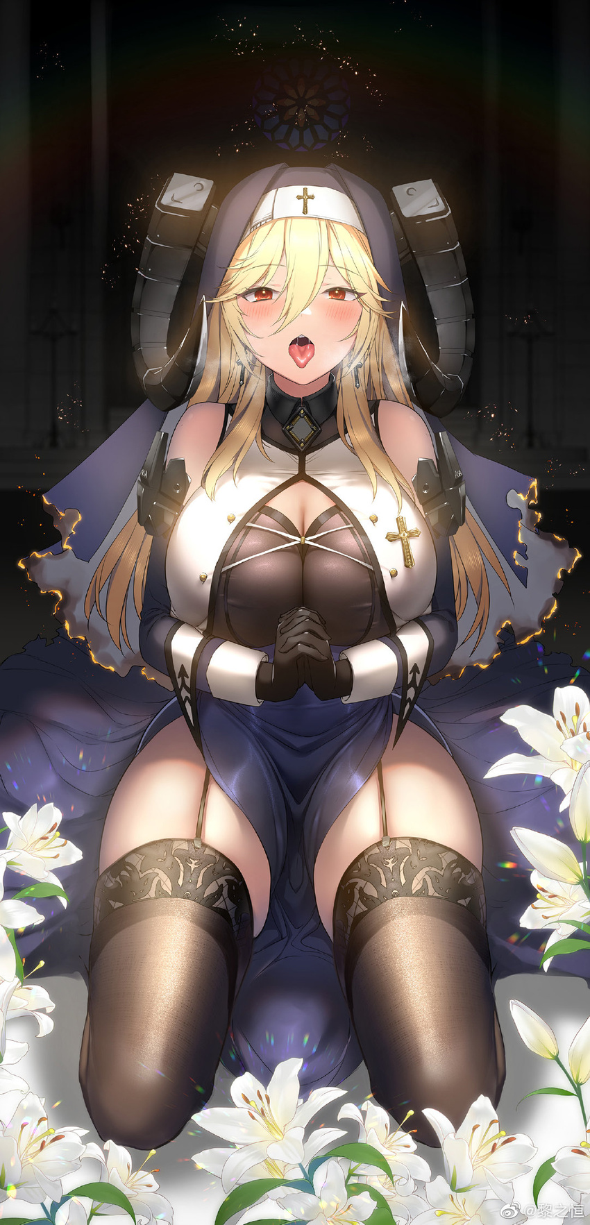 alma_(artery_gear) artery_gear artery_gear:_fusion bare_shoulders black_gloves black_thighhighs blonde_hair blush breasts breath burnt_clothes church cleavage cleavage_cutout clothing_cutout collar commentary_request cross cross_earrings detached_sleeves earrings female fine_fabric_emphasis flower garter_straps gloves habit hair_between_eyes heavy_breathing highres horns huge_breasts indoors interlocked_fingers jewelry kneeling li_zhiheng lily_(flower) long_hair nun open_mouth own_hands_clasped own_hands_together pelvic_curtain red_eyes saliva saliva_trail sidelocks skindentation solo teeth thick_thighs thighhighs thighs tongue tongue_out