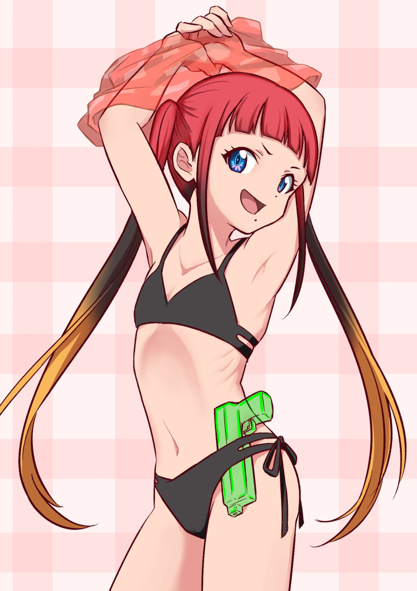 absurdres arched_bangs armpits arms_up asukagawa_chise bare_shoulders bikini black_bikini black_hair blue_eyes brown_hair female gridman_universe highres long_hair looking_at_viewer mole mole_under_mouth navel open_mouth red_hair ribs side-tie_bikini_bottom smile solo ssss.dynazenon swimsuit twintails unamanju water_gun