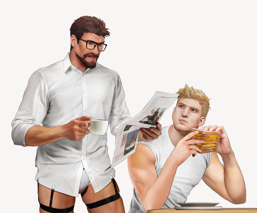 2boys bara bare_arms blonde_hair briefs brown_hair chewing collared_shirt cup eating facial_hair food garter_straps glasses goatee holding holding_cup holding_newspaper looking_at_another male_focus male_underwear multiple_boys newspaper nez no_pants overwatch reaper_(overwatch) sandwich scar scar_on_cheek scar_on_face shirt simple_background sitting sleeveless sleeveless_shirt soldier:_76_(overwatch) table underwear white_shirt