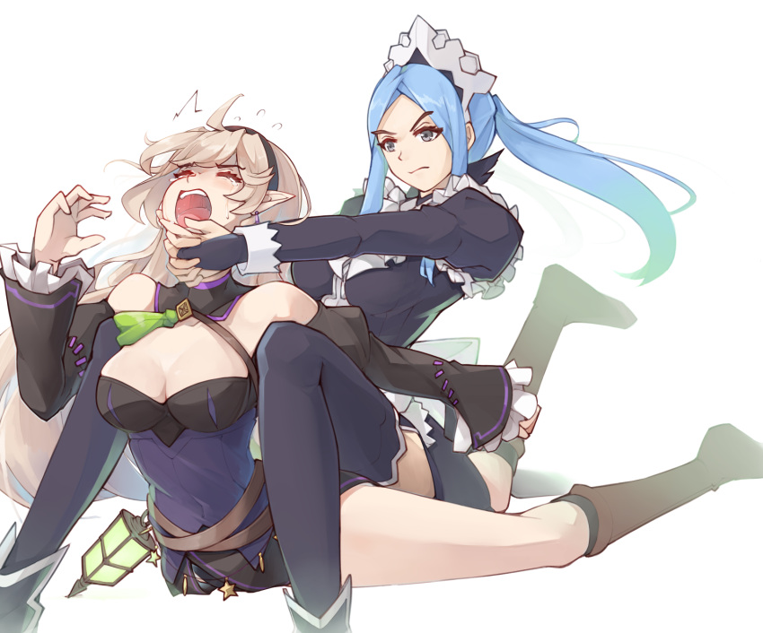 >:( 2girls ahoge bare_shoulders belt black_dress black_gloves black_hairband blue_hair boots brown_belt brown_footwear corrin_(female)_(fire_emblem) corrin_(female)_(halloween)_(fire_emblem) corrin_(fire_emblem) detached_collar dress fire_emblem fire_emblem_fates fire_emblem_heroes flora_(fire_emblem) gloves grey_eyes grey_hair hairband halterneck hand_up highres jaegan juliet_sleeves kneepits long_hair long_sleeves multiple_girls off-shoulder_dress off_shoulder official_alternate_costume open_mouth poi puffy_sleeves ryona simple_background tears thighs v-shaped_eyebrows white_background wrestling