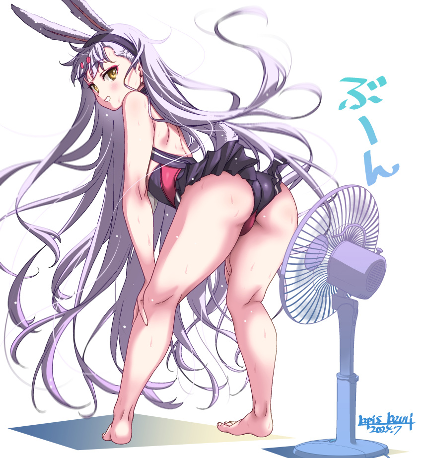 absurdres animal_ears ass azur_lane bikini bikini_over_clothes black_hairband center-flap_bangs female full_body hairband hands_on_own_knees highres hikimayu long_hair panties rabbit_ears rabbit_girl red_bikini red_panties shimakaze_(azur_lane) standing sweat swimsuit swimsuit_over_clothes umyonge_(lkakeu) underwear very_long_hair white_background white_hair yellow_eyes