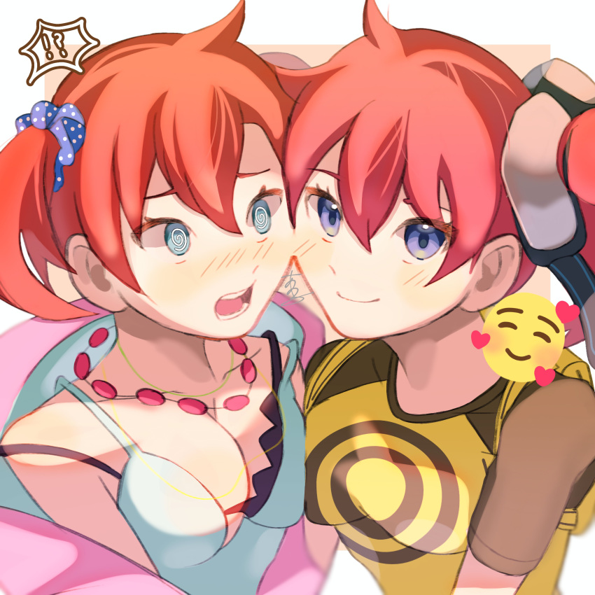 !? 2girls @_@ absurdres aiba_ami blue_camisole blue_eyes breasts camisole cleavage collarbone digimon digimon_story:_cyber_sleuth goggles goggles_on_head highres hood hooded_jacket jacket medium_breasts medium_hair multiple_girls pink_jacket red_hair sasaki_(ssk8083) shiramine_nokia shirt smiley_face twintails yellow_shirt