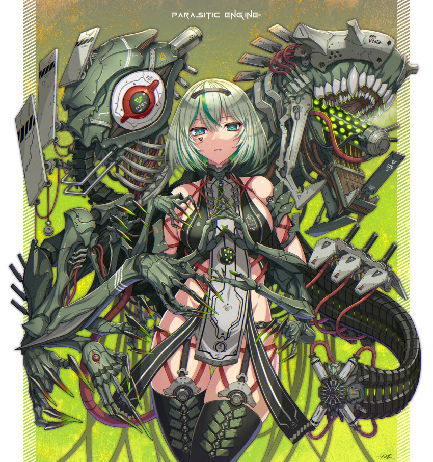 breasts cable cyberpunk extra_arms facial_mark female gia green_eyes green_hair highres large_breasts looking_at_viewer mecha_musume multicolored_hair original parted_lips science_fiction short_hair sideboob solo streaked_hair teeth thighhighs