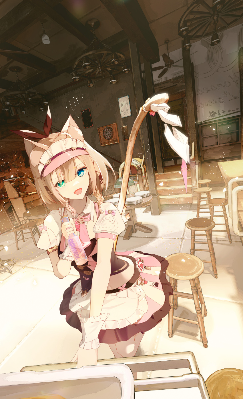 0v0 absurdres animal_ears apron black_shirt blue_eyes bottle brown_hair cat_ears cat_girl cat_tail ceiling_fan chair chandelier female green_eyes hair_between_eyes hat heterochromia highres holding holding_bottle honkai_(series) honkai_impact_3rd indoors jukebox looking_at_viewer maid maid_apron midriff open_mouth pardofelis_(honkai_impact) pardofelis_(meowtose_macchiato)_(honkai_impact) pink_hat poster_(object) puffy_short_sleeves puffy_sleeves shirt short_hair short_sleeves smile solo stairs table tail white_apron window