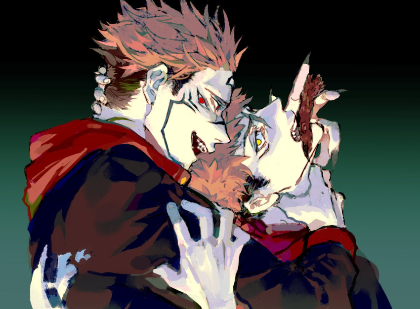 2boys arm_grab back_tattoo black_background black_hair black_nails close-up extra_eyes facial_tattoo fangs feeding fingernails force-feeding forehead_tattoo from_side green_background hair_slicked_back highres holding_another's_head hood hoodie itadori_yuuji jujutsu_kaisen jujutsu_tech_uniform ketsumeii long_fingernails looking_at_another looking_at_viewer multicolored_hair multiple_boys nail_polish neck_tattoo open_mouth pink_hair red_eyes red_hoodie ryoumen_sukuna's_fingers ryoumen_sukuna_(jujutsu_kaisen) scar scar_on_face sharp_fingernails tattoo throat_grab two-tone_background two-tone_hair undercut upper_body yellow_eyes