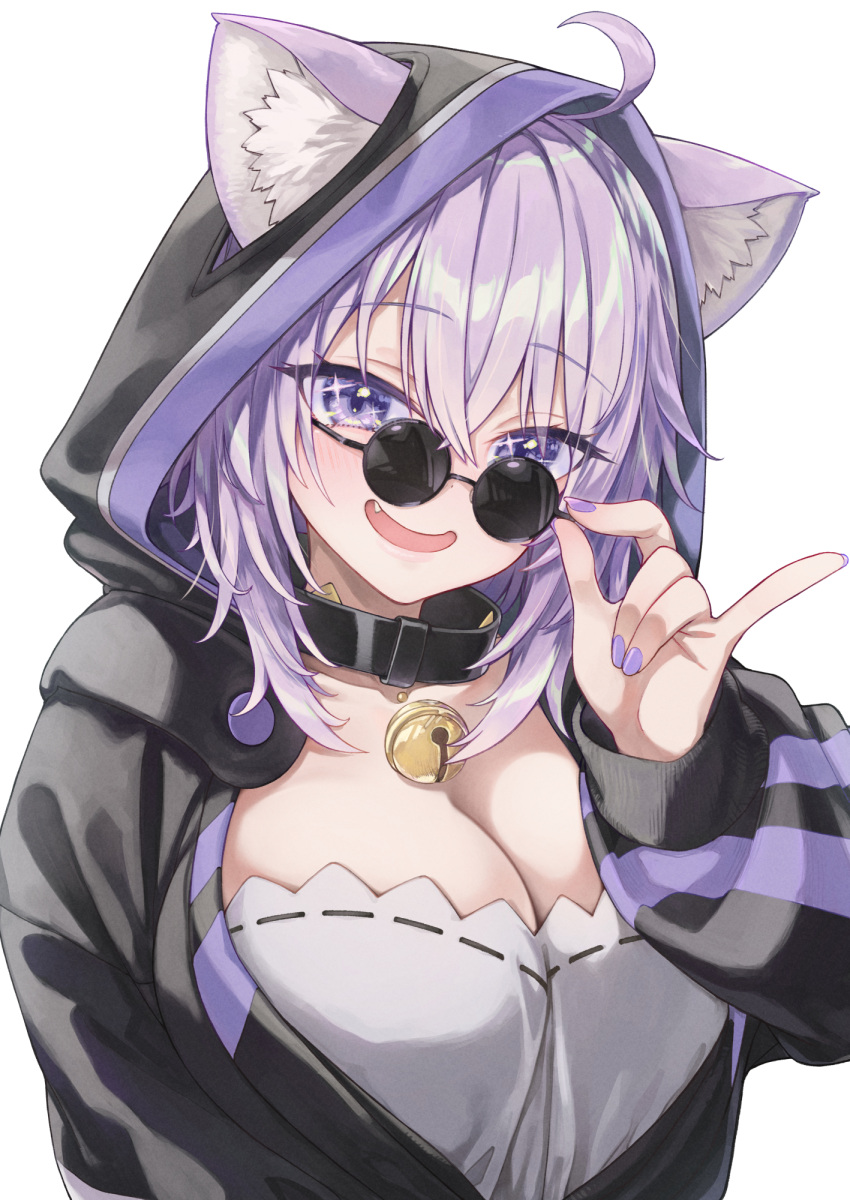 ahoge animal_ears bell blush breasts cat_ears cleavage collar female hakui_ami highres hololive hood hooded_jacket jacket jingle_bell large_breasts looking_at_viewer nail_polish nekomata_okayu nekomata_okayu_(1st_costume) oerba_yun_fang open_mouth purple_eyes purple_hair short_hair smile solo sunglasses virtual_youtuber