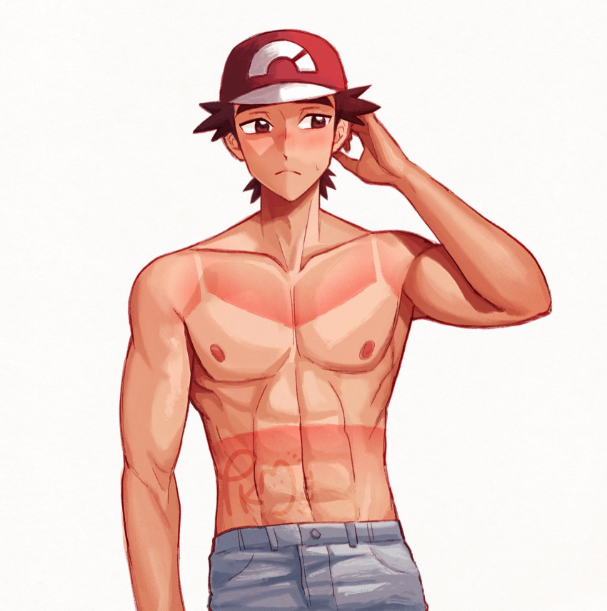 1boy abs brown_eyes brown_hair closed_mouth collarbone grey_pants hand_up hat highres male_focus meme pants pectorals pokemon pokemon_sm red_(pokemon) red_hat short_hair simple_background solo submashell sunburn sweatdrop tan tank_top_sunburn_(meme) tanlines topless_male white_background