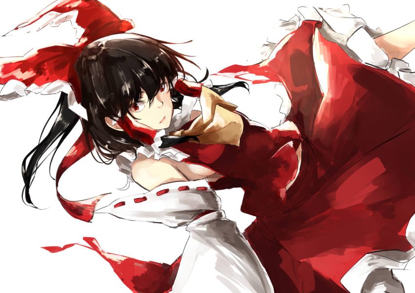 ascot bare_shoulders breasts brown_hair closed_mouth deetamu detached_sleeves female frilled_skirt frills hair_tubes hakurei_reimu looking_at_viewer medium_hair red_eyes red_ribbon red_shirt red_skirt ribbon ribbon-trimmed_sleeves ribbon_trim shirt sideboob simple_background skirt sleeveless sleeveless_shirt small_breasts solo touhou white_background yellow_ascot