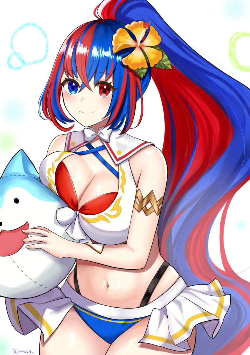 absurdres alear_(female)_(fire_emblem) alear_(female)_(seaside_dragon)_(fire_emblem) alear_(fire_emblem) armlet bare_shoulders bikini blue_bikini blue_eyes blue_hair breast_press breasts cleavage cowboy_shot female fire_emblem fire_emblem_engage fire_emblem_heroes highres large_breasts long_hair looking_at_viewer multicolored_hair navel official_alternate_costume official_alternate_hairstyle otokajife ponytail red_bikini red_eyes red_hair smile sommie_(fire_emblem) standing stomach streaked_hair swimsuit very_long_hair white_background white_bikini