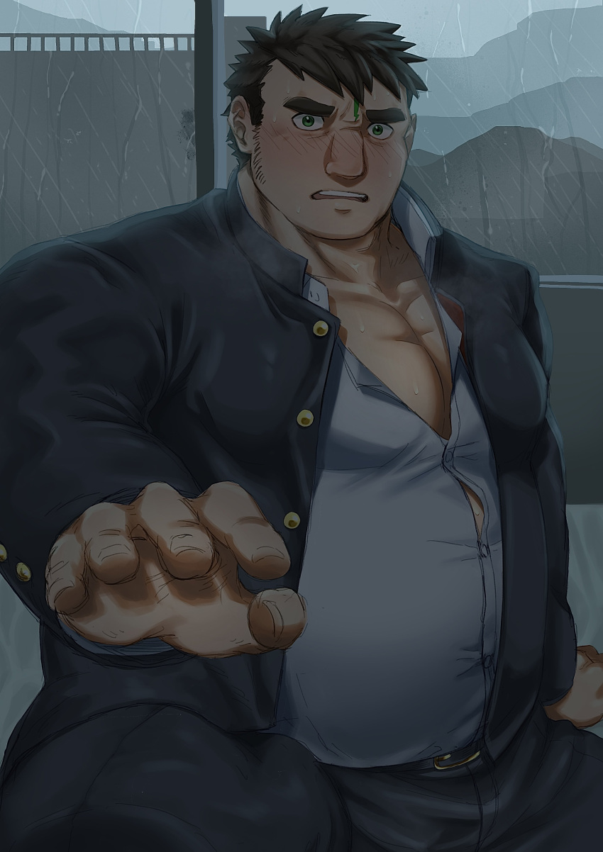 1boy absurdres bara big_belly blush brown_hair bursting_pectorals cowboy_shot facial_hair gakuran green_eyes heraku_(haga1212) highres large_pectorals looking_at_viewer male_focus medium_sideburns muscular muscular_male outstretched_hand pectoral_cleavage pectorals rain reaching reaching_towards_viewer school_uniform short_hair shy sideburns_stubble solo stubble thick_eyebrows tokyo_afterschool_summoners wet zao_(housamo)