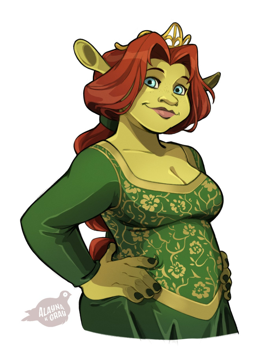 2024 alaynakgray blue_eyes breasts brown_hair clothing collarbone crown dreamworks eyebrows female green_body green_clothing green_skin hair hands_on_hips headgear hi_res humanoid looking_at_viewer not_furry ogre princess_fiona shrek_(series) solo