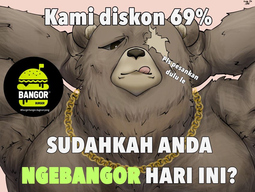 4:3 anthro bear ben_bigger brown_body brown_eyes brown_fur fur hi_res indonesian_text jewelry licking male mammal mihoyo necklace overweight overweight_anthro overweight_male rizal_ok sleeping solo sound_effects text tongue vowelless vowelless_sound_effect zenless_zone_zero zzz