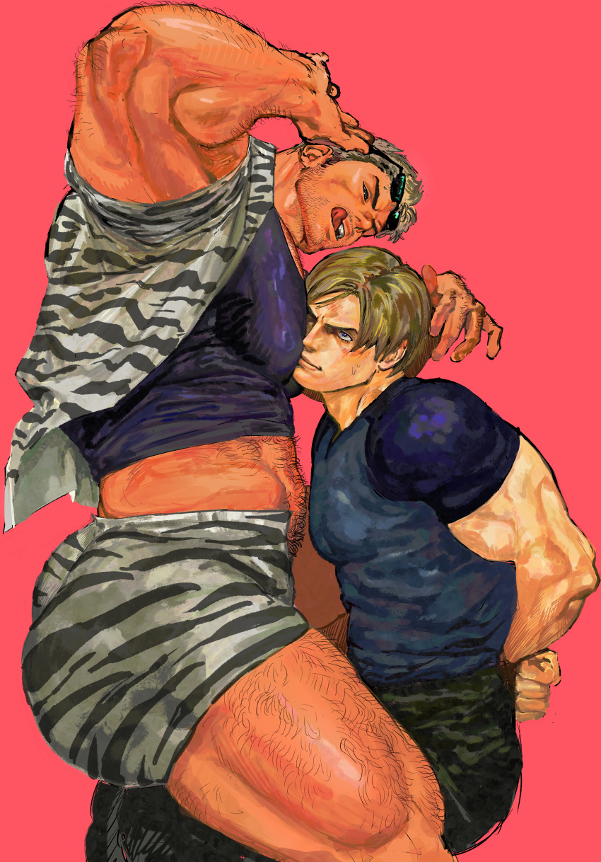 123456dyom 2boys absurdres arms_behind_back ass bara black_shirt bound bound_wrists brown_hair chris_redfield closed_mouth eyewear_on_head green_pants grey_hair grey_shorts highres large_pectorals leon_s._kennedy male_focus multiple_boys muscular muscular_male official_alternate_costume open_clothes open_shirt pants pectorals resident_evil resident_evil_4 resident_evil_5 restrained shirt short_hair shorts simple_background sunglasses thick_thighs thighs tongue tongue_out white_shirt yaoi