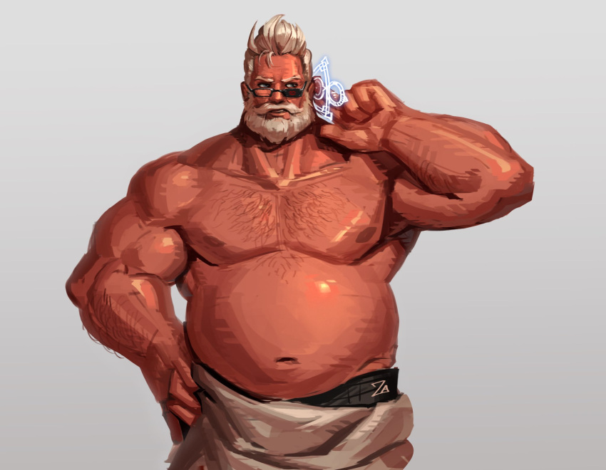 1boy bara beard big_belly cowboy_shot facial_hair fat fat_man full_beard glasses goldlewis_dickinson guilty_gear highres large_pectorals male_focus mature_male meme moustache muscular muscular_male navel nipples pectorals short_hair simple_background solo standing tan tank_top_sunburn_(meme) thick_beard topless_male white_background zetta_aznec