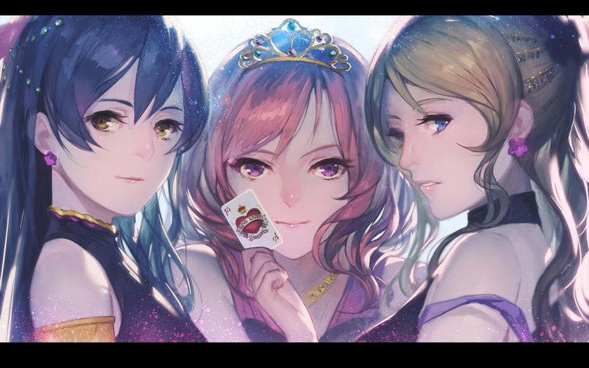 3girls ayase_eli bad_id bad_pixiv_id blonde_hair blue_eyes blue_hair blush brown_eyes card dress earrings ekao hair_ornament highres jewelry letterboxed long_hair looking_at_viewer love_live! love_live!_school_idol_project multiple_girls nishikino_maki open_mouth photoshop_(medium) playing_card portrait purple_eyes short_hair sleeveless smile soldier_game sonoda_umi tiara