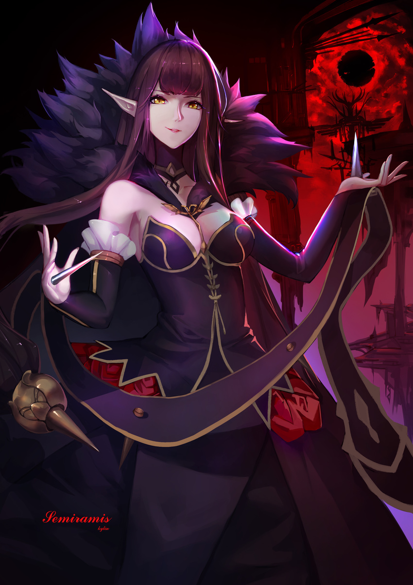 absurdres bare_shoulders black_dress breasts character_name cleavage commentary_request cowboy_shot detached_sleeves dress fate/grand_order fate_(series) female fur_collar highres long_dress long_hair looking_at_viewer medium_breasts photoshop_(medium) pointy_ears purple_hair semiramis_(fate) smile standing w_arms yellow_eyes yun_lin