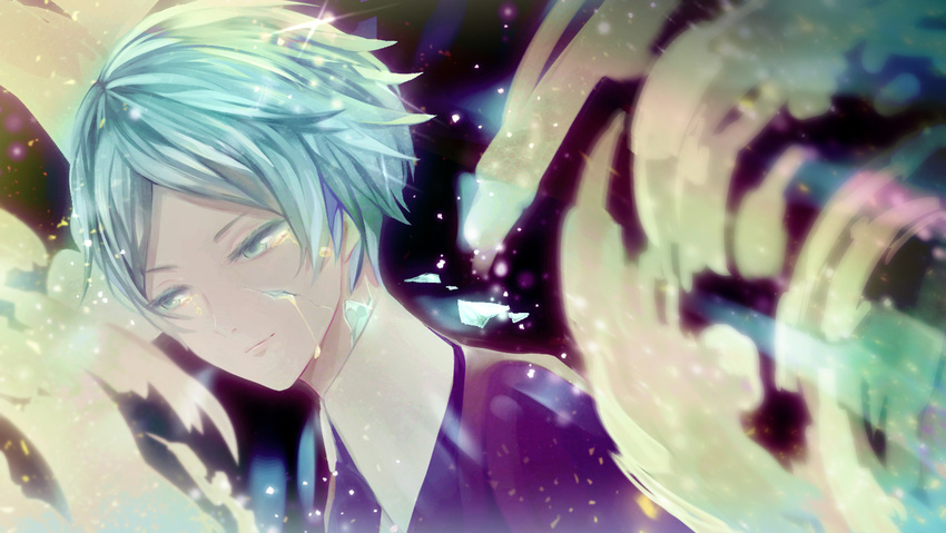 1other androgynous aqua_eyes aqua_hair bad_id bad_pixiv_id crack gem_uniform_(houseki_no_kuni) gold green_eyes green_hair houseki_no_kuni necktie other_focus phosphophyllite short_hair solo tears yuki_sakura