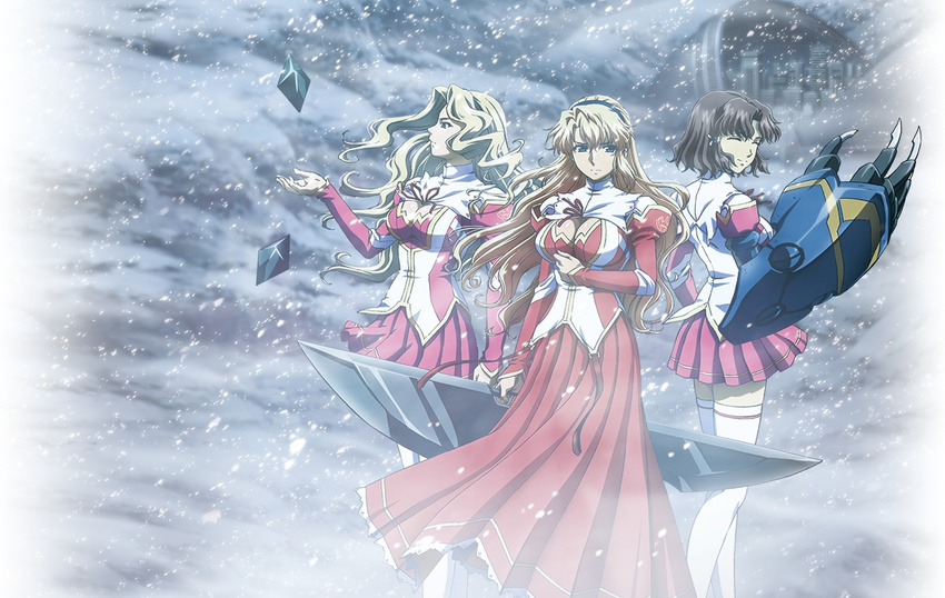 3girls blonde_hair brown_hair chiffon_fairchild dress elizabeth_mably elizabeth_mayberry freezing_(series) long_hair multiple_girls satellizer_el_bridget snow standing