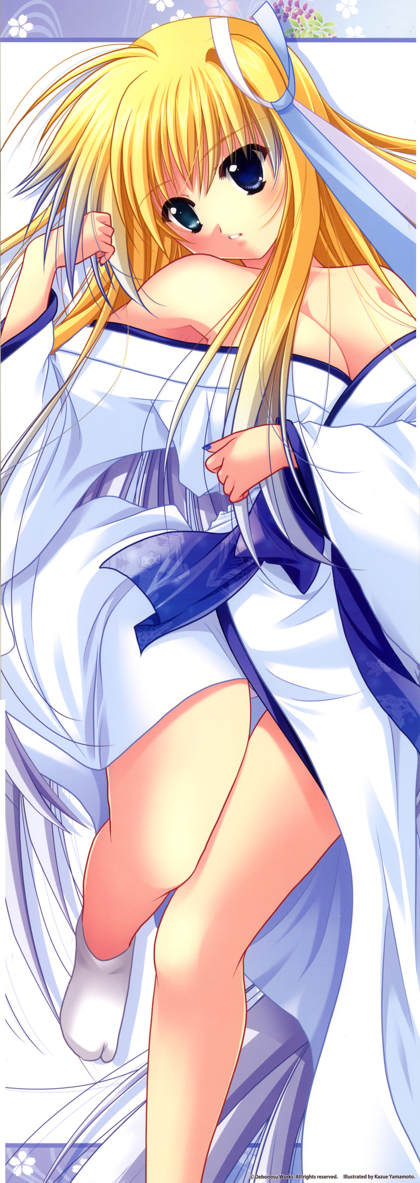 absurdres blonde_hair breasts cleavage female highres japanese_clothes kagura_douchuuki kimono long_hair medium_breasts raidou_nazuna solo stick_poster tabi yamamoto_kazue