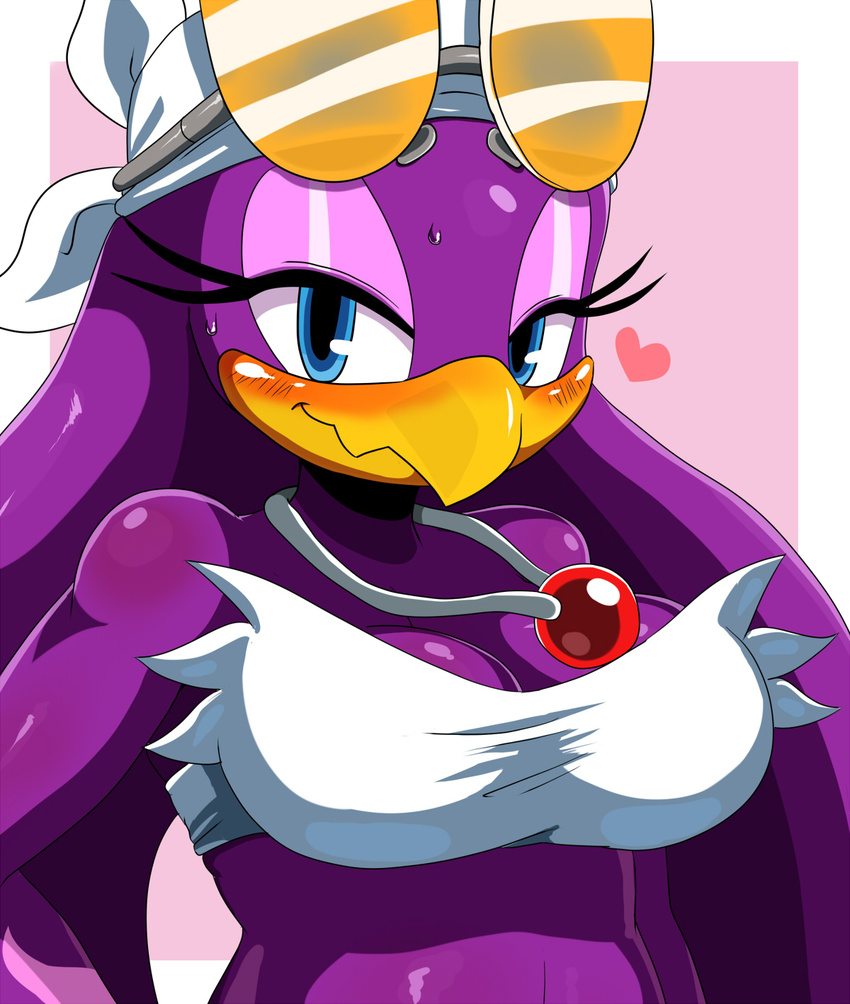 blue_eyes blush breasts eric_lowery female furry goggles highres sega simple_background solo sonic_the_hedgehog ss2sonic wave_the_swallow