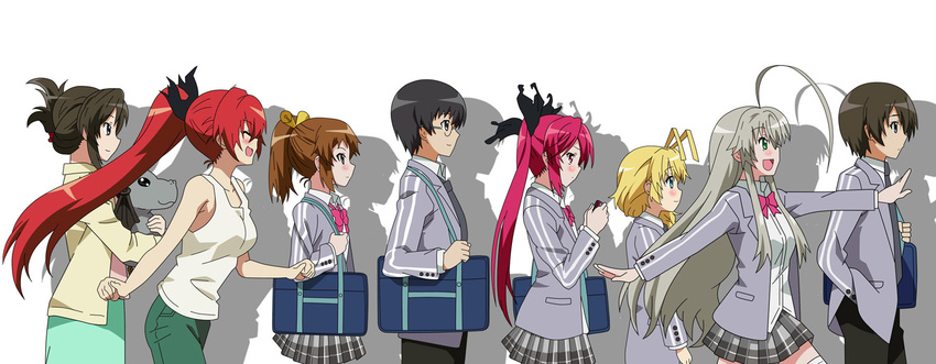 3boys 5girls ahoge antenna_hair bag black_hair blonde_hair blue_eyes bow braid brown_hair closed_eyes collarbone commentary_request cthugha_(nyaruko-san) cuune_(nyaruko-san) g3pen green_eyes grey_eyes grey_hair hair_ornament haiyore!_nyaruko-san hastur_(nyaruko-san) highres kurei_tamao long_hair long_sleeves multiple_boys multiple_girls necktie nyarlathotep_(nyaruko-san) open_mouth photoshop_(medium) ponytail red_eyes red_hair school_uniform shantak_(nyaruko-san) short_hair smile very_long_hair wings yasaka_mahiro yasaka_yoriko yoichi_takehiko