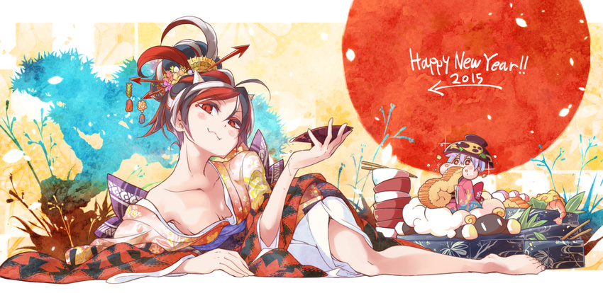 2girls :3 alternate_costume bare_shoulders barefoot bowl bowl_stack breasts chopsticks cleavage collarbone commentary_request cone_horns cup datemaki_(food) eating floral_print hair_ornament hair_up happy_new_year highres hokuto_(scichil) horns japanese_clothes juubako kijin_seija kimono long_sleeves looking_at_viewer lying medium_breasts mini_person minigirl multicolored_hair multiple_girls new_year obi off_shoulder on_side osechi purple_hair red_eyes sakazuki sash sheep sitting small_horns smirk streaked_hair sukuna_shinmyoumaru touhou white_horns wide_sleeves