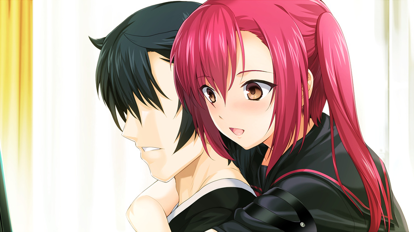 alice_soft black_hair brown_eyes choukou_shinki_ixseal game_cg houshou_kirika hug long_hair male pink_hair ponytail short_hair tagme_(artist)