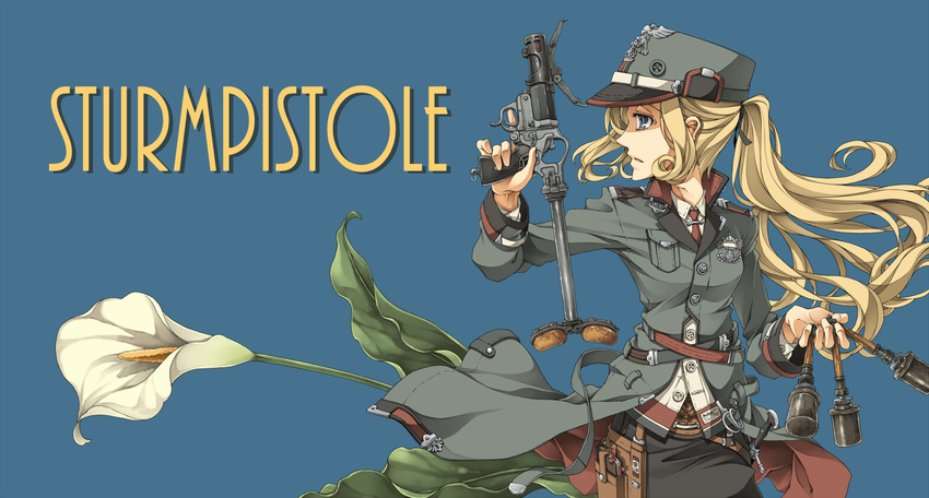 between_fingers blonde_hair blue_eyes book calla_lily commentary_request explosive female flower grenade gun handgun hat holding kasetsu_03 long_hair necktie open_mouth original ponytail pouch skirt stielhandgranate sturmpistole uniform weapon