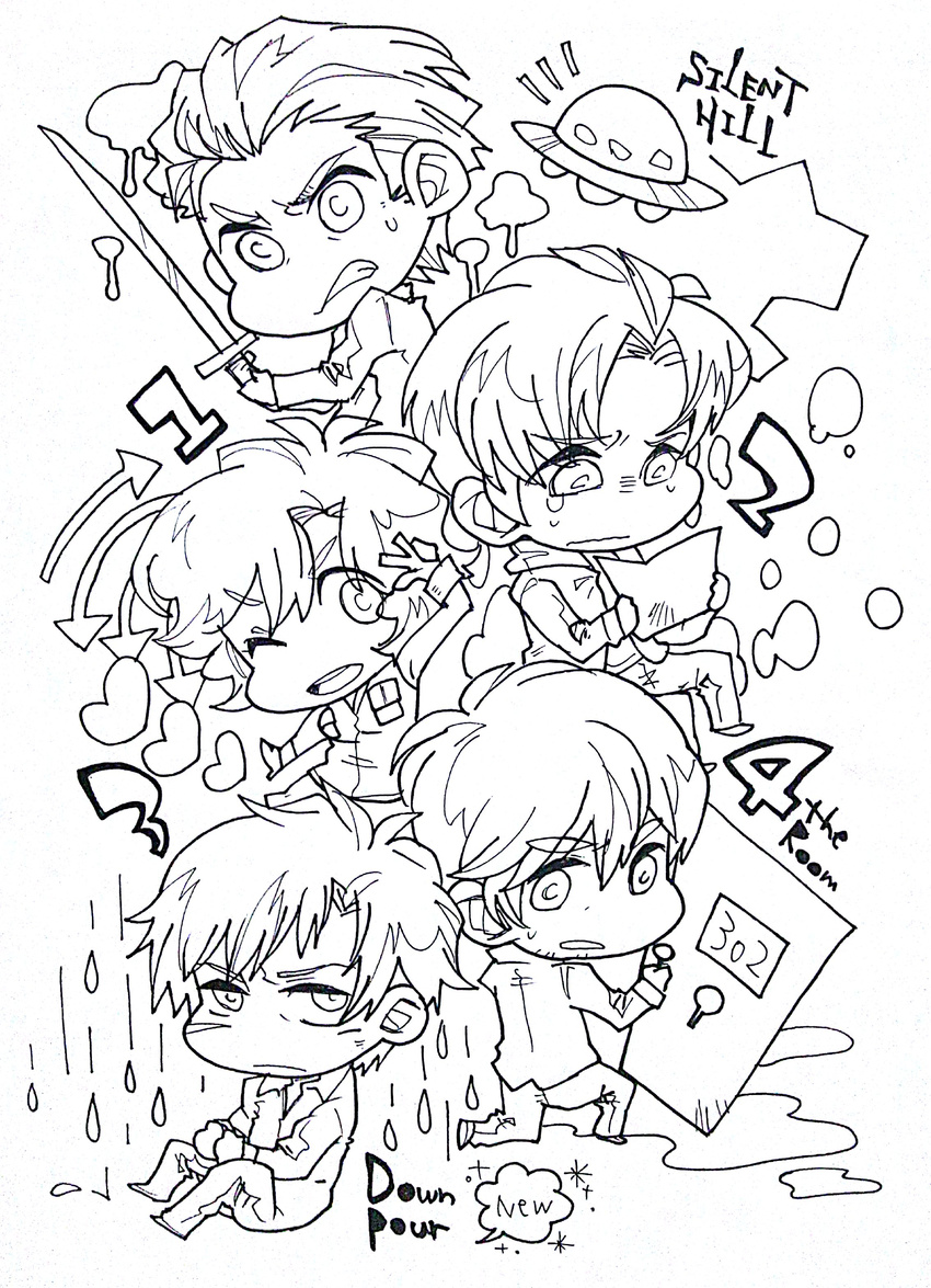 4boys absurdres chibi commentary_request female harry_mason heather_mason henry_townshend highres james_sunderland line_art monochrome multiple_boys murphy_pendleton rain scan shiro_(tiotolv) silent_hill:_downpour silent_hill_(series) silent_hill_1 silent_hill_2 silent_hill_3 silent_hill_4:_the_room sword tears traditional_media ufo weapon