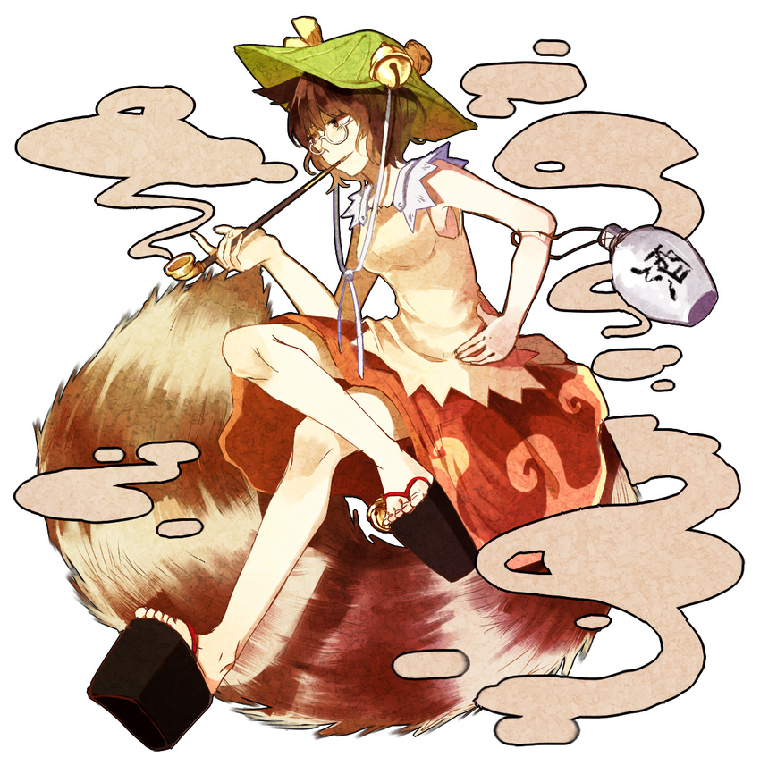 animal_ears armpits bare_arms bell breasts brown_eyes brown_hair brown_shirt brown_skirt commentary_request crossed_legs feet female full_body futatsuiwa_mamizou gourd hand_on_own_hip hat highres holding holding_smoking_pipe kiseru leaf leaf_on_head medium_breasts mei_luo okobo raccoon_ears raccoon_girl raccoon_tail sandals shirt short_hair simple_background sitting skirt sleeveless smoke smoking smoking_pipe tail toes touhou white_background