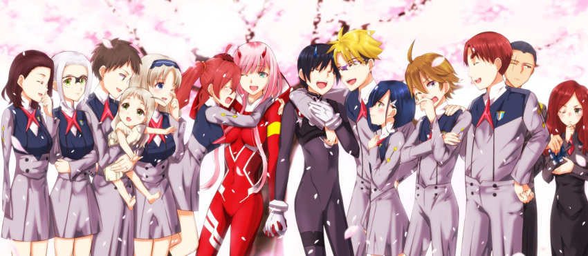 6+boys 6+girls ahoge ai_(darling_in_the_franxx) arm_around_neck bangs black_bodysuit black_hair black_pants blonde_hair blue_eyes blue_horns bodysuit breasts brown_hair cherry_blossoms closed_eyes commentary_request couple crossed_arms crying darling_in_the_franxx dress eyebrows_visible_through_hair finger finger_in_eye finger_on_nose flower futoshi_(darling_in_the_franxx) glasses gloves gorou_(darling_in_the_franxx) green_eyes grey_dress grey_shirt grey_shorts hachi_(darling_in_the_franxx) hair_ornament hairband hairclip hand_holding hand_on_another's_arm hand_on_another's_shoulder hand_on_own_arm hand_on_own_chest hand_on_own_chin hand_on_own_face hand_on_own_wrist hand_up high_ponytail hiro_(darling_in_the_franxx) holding holding_scarf horns hug ichigo_(darling_in_the_franxx) ikuno_(darling_in_the_franxx) interlocked_fingers kokoro_(darling_in_the_franxx) leg_up light_brown_hair lolicon long_hair long_sleeves looking_at_another mar0maru medium_breasts miku_(darling_in_the_franxx) military military_uniform mitsuru_(darling_in_the_franxx) multiple_boys multiple_girls nana_(darling_in_the_franxx) naomi_(darling_in_the_franxx) necktie one_eye_closed oni_horns pants petals pilot_suit pink_hair ponytail purple_eyes purple_hairband red_bodysuit red_gloves red_hair red_horns red_neckwear scar scar_across_eye scarf shirt short_hair shorts small_breasts straight tears thick_eyebrows thighs twintails uniform white_dress white_gloves white_hair yellow_eyes zero_two_(darling_in_the_franxx) zorome_(darling_in_the_franxx)