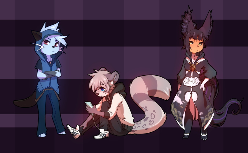 anthro avoid_posting beaver clothed clothing electronics felid female group headphones hi_res hoodie humanoid leopard looking_at_viewer male mammal pantherine rodent sitting snow_leopard standing topwear yuurikin